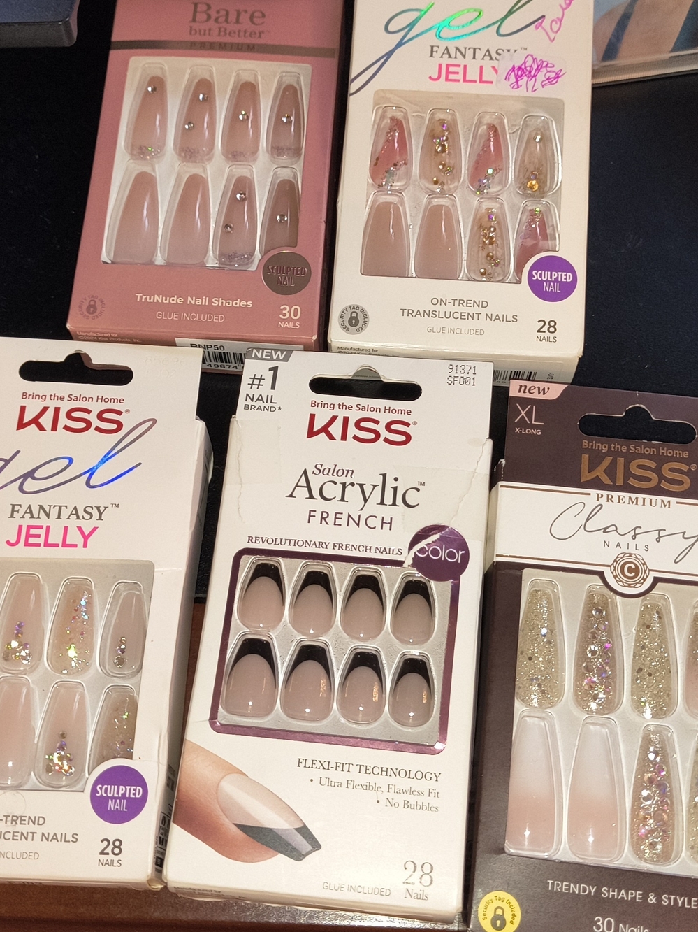 KISS Salon Acrylic French Nails - Nude with Black Tips & Glitter Accents